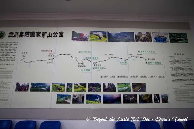 A map of the train route inside the small train station. It is around 20km one way.