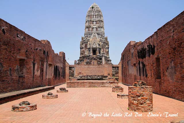 Wat Ratchaburana with its distinctive Khmer style design. The roof in front had collapsed long ago leaving only the walls standing.