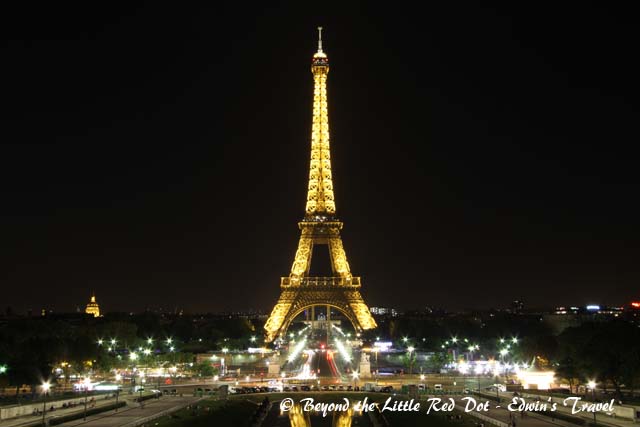 The Eiffel Tower lighted up.