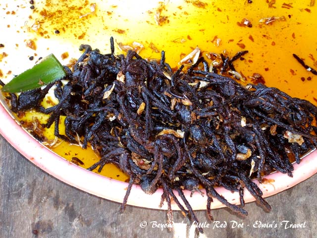 Now here is something you don't see everyday. Fried spiders, and they are really big spiders.