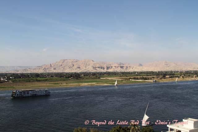 So this is the famous River Nile. Stories have been told about it throughout history. In the distance is the Valley of the Kings, resting place of Pharaohs.