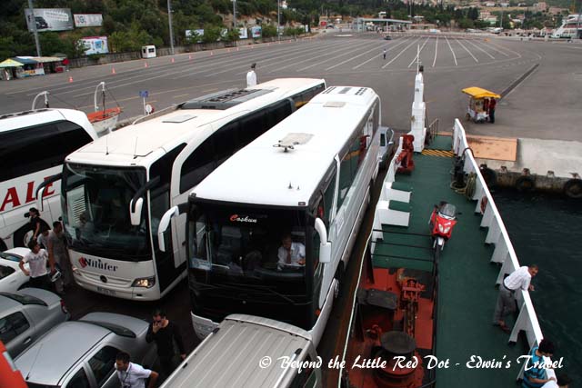Our tour bus being loaded onto the ferry.