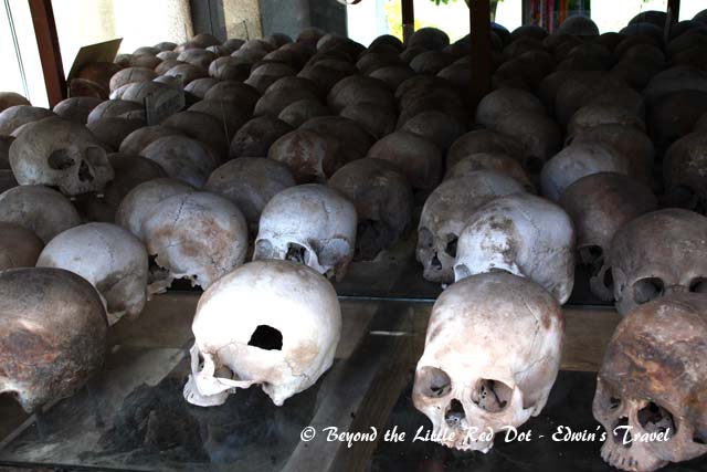 The memorial is filled with the skulls and bones of victims of the Khmer Rouge.