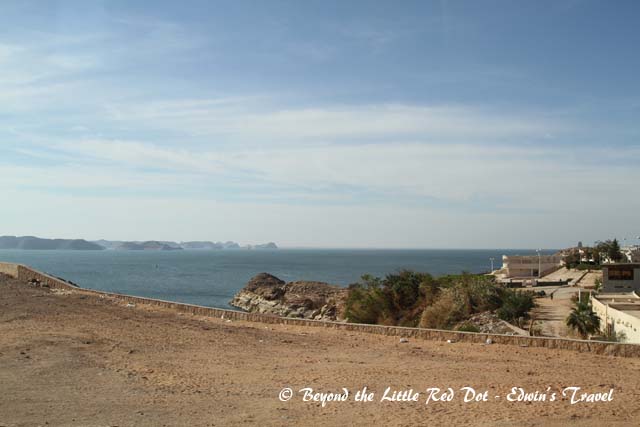 The shore of Lake Nasser which was created when the Aswan High Dam flooded the valley. The original locations of the temples are below the water level now.