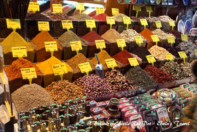 Spices for sale. Besides spices, there are many other things like cheese, Turkish delights, food, etc.
