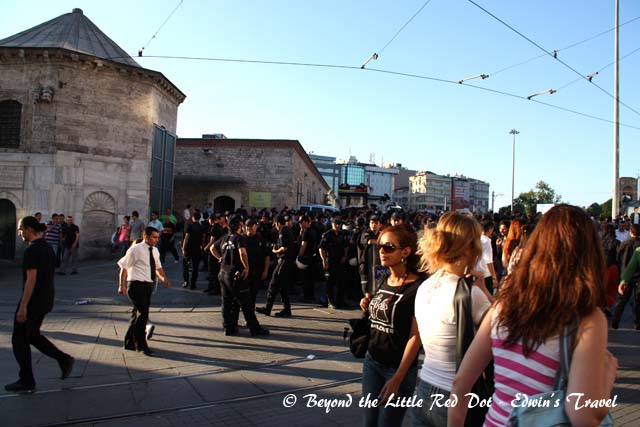 We found ourselves at Taksim Square. Riot police were getting ready for some trouble but nothing was happening. 