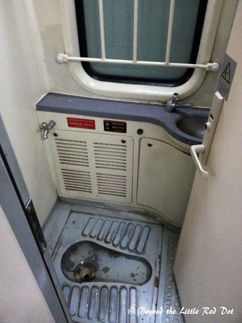 There are 2 toilets at each end of the carriage. You really need the cooperation of your fellow passengers not to dirty the toilet. The train crew only cleans the toilet when the train makes a stop. And there are only 5 stops in the whole journey.