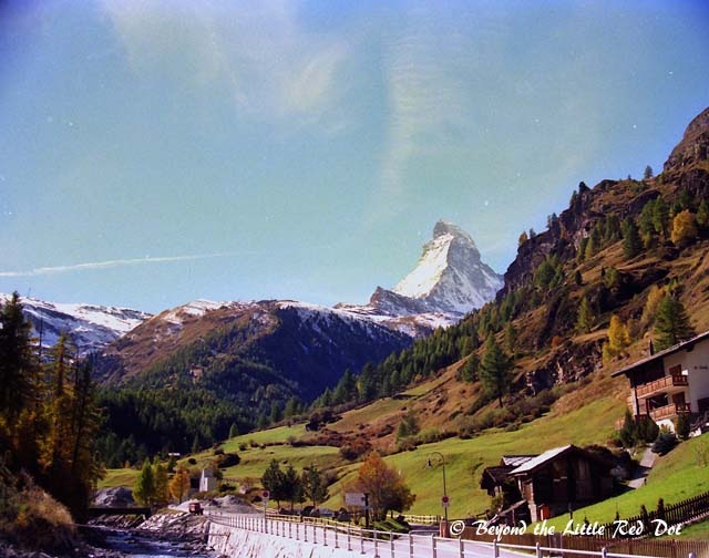 The Matterhorn overlooks everything in Zermatt. This is the road that leads to the Gornergrat railway line. Internal combustion engine vehicles are not allowed in the town and only electric vehicles can be seen.