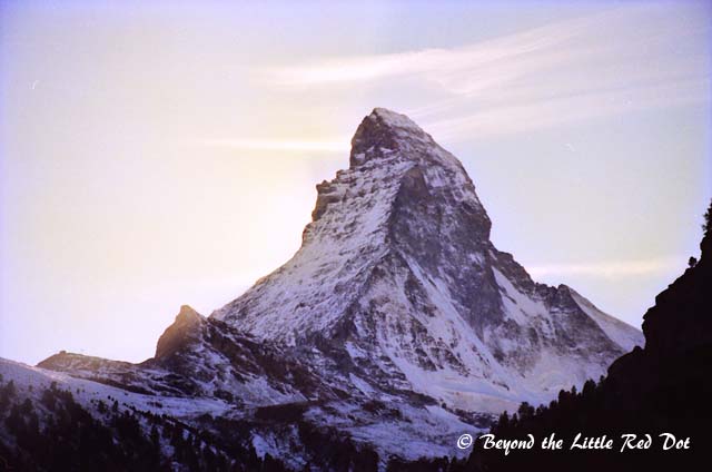 The Matterhorn in the evening. If this mountain looks familiar, that's because you can see it printed on every bar of Toblerone chocolate.