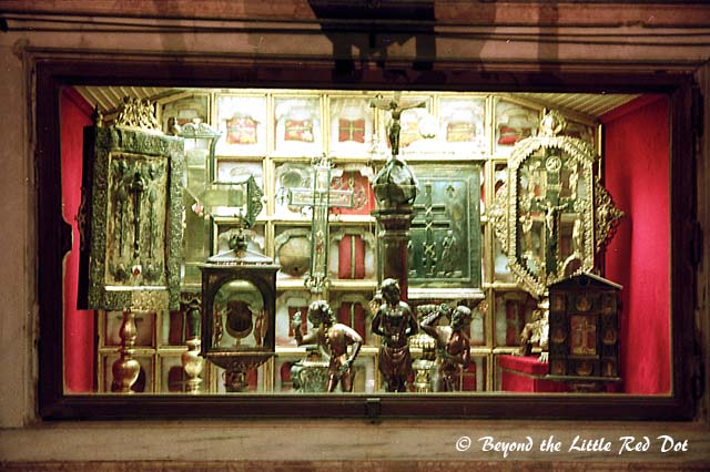 Inside the basilica there is a sort of museum where you can view the relics of the saints. In this picture on the left is a vial of blood from one of the saints. It's said the blood will 