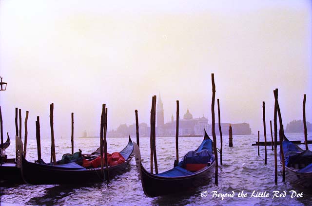 Gondolas floating with the early morning mist.