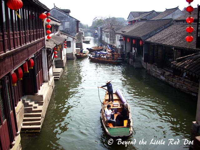 One of the main canals with shops and restaurants on both sides.