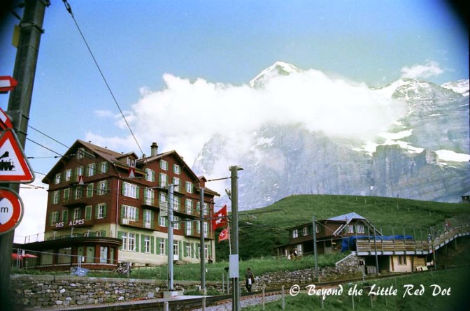 Looking at Jungfrau, Eiger and Monch from the village of Kleine Scheidegg. From here the Jungfrau Railway climbs through a tunnel cut into the mountains.