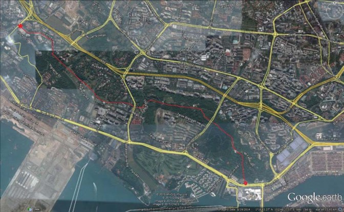 Here is map view of the route. It's roughly 7-8km but runs up and downhill.