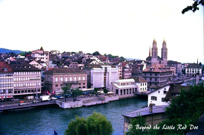 Looking at Zurich's Old Town from the top of Lindehof hill. The main catherdral, Grossmünster, can be seen on the right.