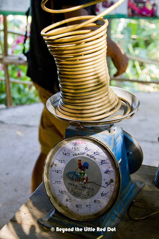 A sample of the heavy brass rings worn by the Long Neck tribe. It weights almost 5kg.