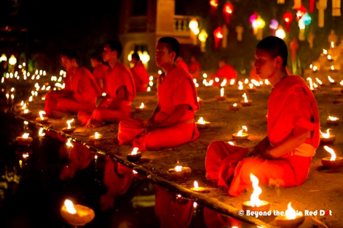 Walking round the moat, they finally sit down and start their meditation.