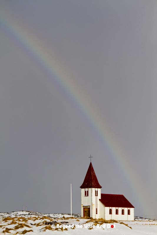 The church at Hellnar. I took this gorgeous rainbow as a passing cloud brought falling snow.