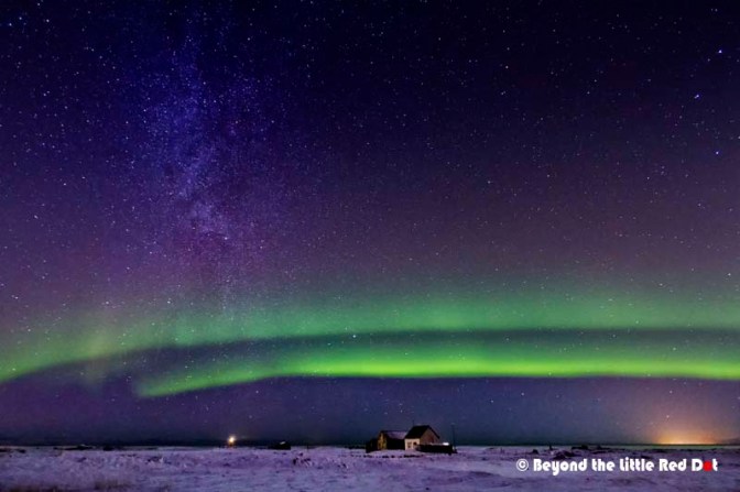 Our first night to catch the Northern Lights and we were in luck. In reality, the lights were really dim and looked like dim moon lit cirrus clouds. It's only when our eyes got accustomed to the dark, we could see them slowly changing shape. This place was really dark, and the Milky Way can be seen on the left.