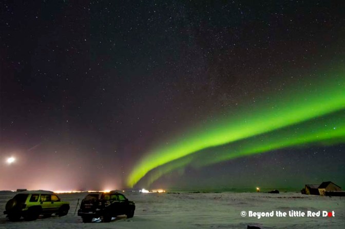 Looking southwards and the bright lights are Keflavik Airport in the distance.