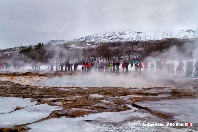 Everyone gathered around Stokkur waiting for it to erupt.