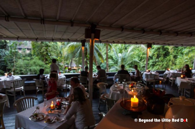 Sitting on the upper level. If you wanted to sit along the lower level and have a view of the river below, you need to make reservations.