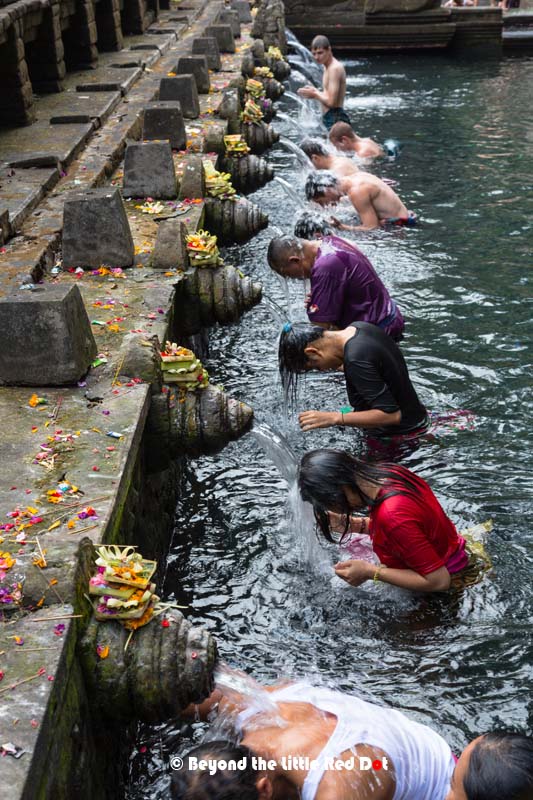 Devotees bow under the water spouts to be blessed.