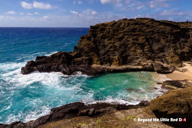 There is a small beach called Halona Cove on the right side, where you can swim when the waves are not that rough.