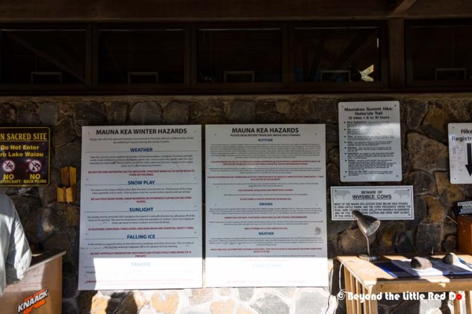 A whole list of warnings about the summit. I like the sign that says 'Beware of Invisible Cows'.